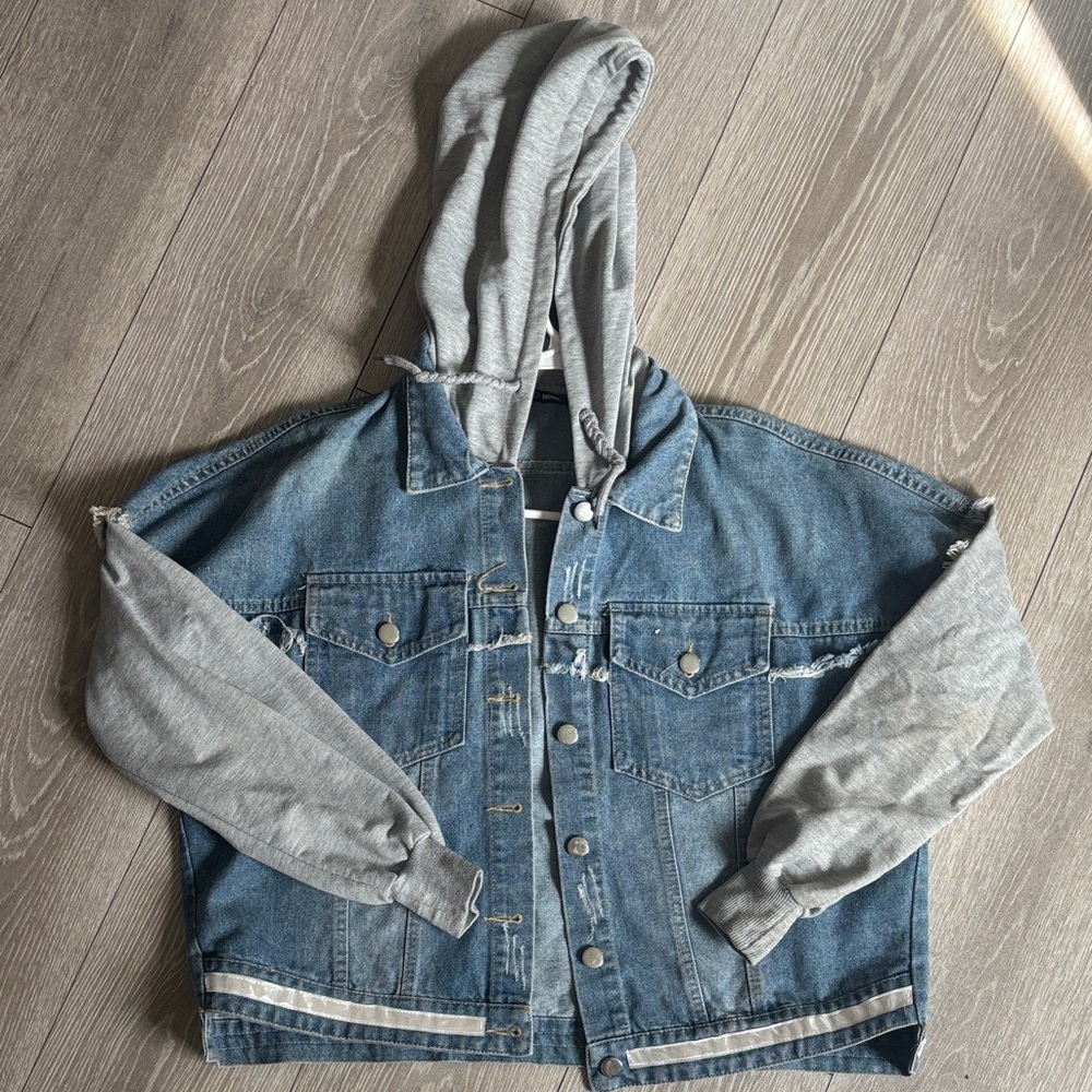 Fashion Nova Blue Denim Jacket with Gray Sleeves
